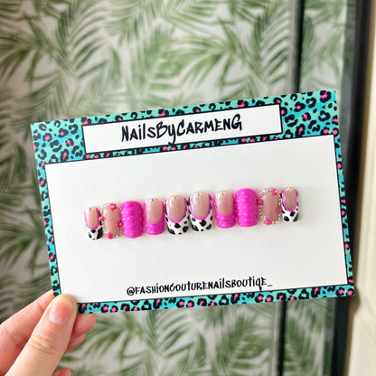 Pink cow print and 3D croc Acrylic Press on nails